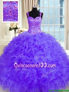High End Purple Lace Up 15th Birthday Dress Beading and Embroidery and Ruffles Long Sleeves Floor Length