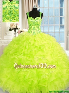 Top Selling Floor Length Ball Gowns Sleeveless Yellow Green Quince Ball Gowns Lace Up