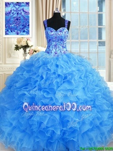Elegant Sweetheart Sleeveless Organza Quince Ball Gowns Beading and Embroidery and Ruffles Lace Up