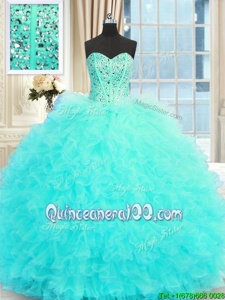Cute Aqua Blue Ball Gowns Sweetheart Sleeveless Tulle Floor Length Lace Up Beading and Ruffles Sweet 16 Dress
