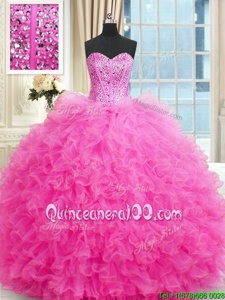 Tulle Sweetheart Sleeveless Lace Up Beading and Ruffles Sweet 16 Dresses inHot Pink