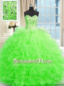 Edgy Spring Green Sleeveless Beading and Ruffles Floor Length Quinceanera Gown