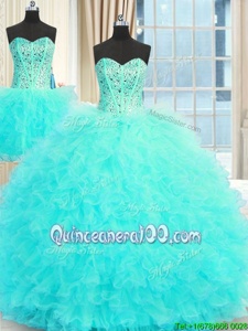 New Arrival Three Piece Floor Length Aqua Blue Sweet 16 Quinceanera Dress Strapless Sleeveless Lace Up