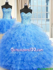 Clearance Three Piece Baby Blue Ball Gown Prom Dress Military Ball and Sweet 16 and Quinceanera and For withBeading and Ruffles Strapless Sleeveless Lace Up