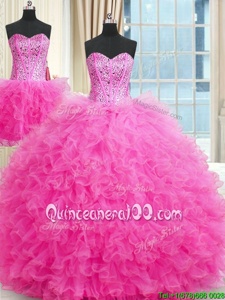 Three Piece Rose Pink Sleeveless Tulle Lace Up Quinceanera Gowns forMilitary Ball and Sweet 16 and Quinceanera
