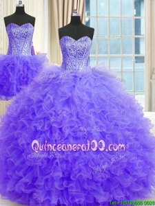 Luxury Three Piece Strapless Sleeveless Tulle 15th Birthday Dress Beading and Ruffles Lace Up
