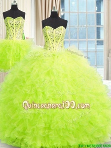 Three Piece Spring Green Ball Gowns Beading and Ruffles Quince Ball Gowns Lace Up Tulle Sleeveless Floor Length