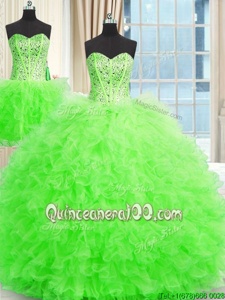 Flare Three Piece Spring Green Ball Gowns Beading and Ruffles Sweet 16 Dress Lace Up Tulle Sleeveless Floor Length