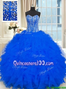 Romantic Strapless Sleeveless 15th Birthday Dress Floor Length Beading and Ruffles Royal Blue Organza