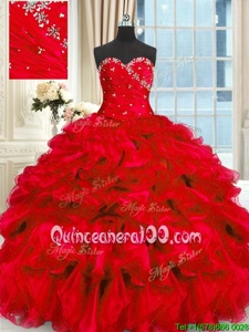 Red Sleeveless Organza Lace Up Sweet 16 Dress forMilitary Ball and Sweet 16 and Quinceanera