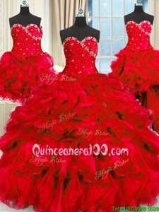 High Class Four Piece Sweetheart Sleeveless Sweet 16 Dresses Floor Length Beading and Ruffles and Ruching Red Organza