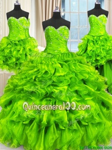 Chic Four Piece Floor Length Spring Green Sweet 16 Dress Organza Sleeveless Spring and Summer and Fall and Winter Beading and Ruffles and Ruching
