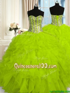 Inexpensive Yellow Green Sleeveless Beading and Ruffles Floor Length Quinceanera Dress