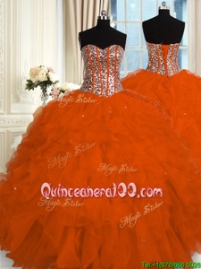 High Quality Orange Red Sweetheart Neckline Beading and Ruffles Quinceanera Gowns Sleeveless Lace Up