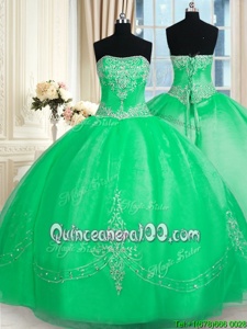 Amazing Apple Green Tulle Lace Up 15 Quinceanera Dress Sleeveless Floor Length Beading and Embroidery