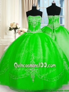 Dynamic Spring Green Quinceanera Gown Military Ball and Sweet 16 and Quinceanera and For withBeading and Embroidery Strapless Sleeveless Lace Up