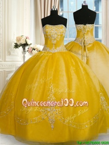 Designer Yellow Organza Lace Up Strapless Sleeveless Floor Length Quinceanera Gown Beading and Embroidery