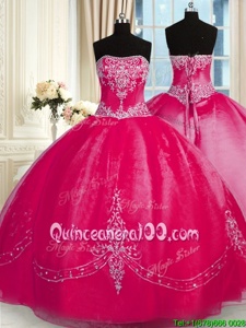 Chic Fuchsia Strapless Neckline Beading and Embroidery Sweet 16 Dress Sleeveless Lace Up