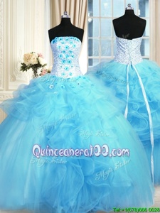 Flare Tulle Strapless Sleeveless Lace Up Pick Ups and Hand Made Flower 15th Birthday Dress inBaby Blue