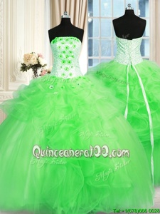 Spring Green Ball Gowns Strapless Sleeveless Tulle Floor Length Lace Up Pick Ups and Hand Made Flower Quinceanera Gowns