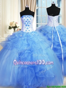 Graceful Strapless Sleeveless Tulle Quinceanera Dress Pick Ups and Hand Made Flower Lace Up