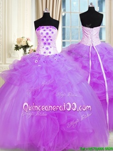 Floor Length Lace Up Sweet 16 Dress Purple and In forMilitary Ball and Sweet 16 and Quinceanera withPick Ups and Hand Made Flower
