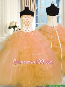 New Arrival Floor Length Gold Quinceanera Dress Strapless Sleeveless Lace Up