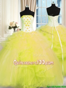Comfortable Yellow Green Ball Gowns Beading and Ruffles Vestidos de Quinceanera Lace Up Tulle Sleeveless Floor Length