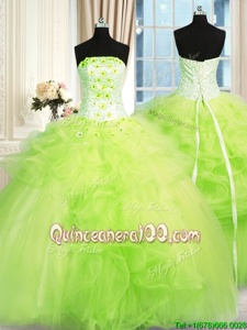 Deluxe Strapless Sleeveless Sweet 16 Quinceanera Dress Floor Length Beading and Ruffles Spring Green Tulle