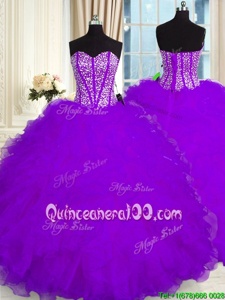 Purple Ball Gowns Organza Sweetheart Sleeveless Beading and Ruffles Floor Length Lace Up 15th Birthday Dress