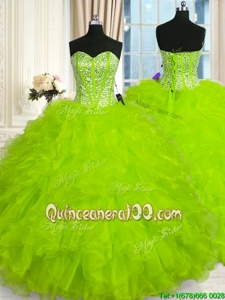 Yellow Green Ball Gowns Sweetheart Sleeveless Organza Floor Length Lace Up Beading and Ruffles Quinceanera Gowns