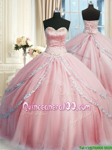 Latest Sleeveless With Train Beading and Appliques Lace Up Vestidos de Quinceanera with Pink Court Train