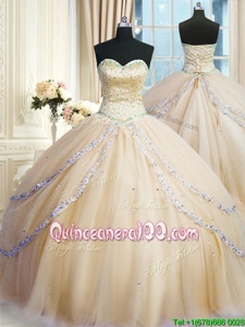 Best Selling Sleeveless With Train Beading and Appliques Lace Up Vestidos de Quinceanera with Gold Court Train
