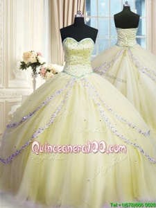 Flare Light Yellow Ball Gowns Beading and Appliques Sweet 16 Dress Lace Up Organza Sleeveless With Train