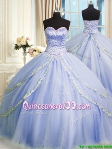 Simple Tulle Sweetheart Sleeveless Brush Train Zipper Beading and Appliques Sweet 16 Quinceanera Dress inLavender