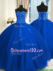 Extravagant Sweetheart Sleeveless Lace Up Quinceanera Gown Blue Tulle
