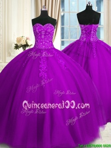 New Arrival Sweetheart Sleeveless Quinceanera Dresses Floor Length Appliques and Embroidery Purple Tulle