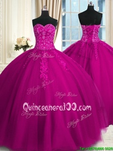 Trendy Floor Length Fuchsia 15 Quinceanera Dress Sweetheart Sleeveless Lace Up
