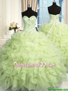 Captivating Sleeveless Organza Floor Length Lace Up 15th Birthday Dress inYellow Green forSpring and Summer and Fall and Winter withBeading and Ruffles