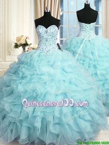Luxury Aqua Blue Ball Gowns Beading and Ruffles Quinceanera Gowns Lace Up Organza Sleeveless Floor Length