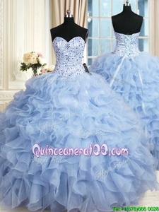 Light Blue Ball Gowns Sweetheart Sleeveless Organza Floor Length Lace Up Beading and Ruffles Quince Ball Gowns