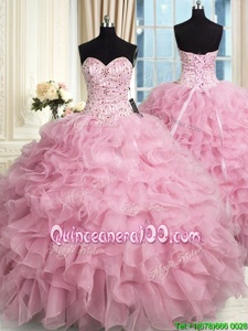 Floor Length Rose Pink Quinceanera Dresses Organza Sleeveless Spring and Summer and Fall and Winter Beading and Ruffles