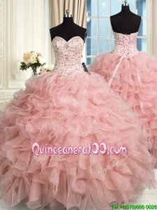Glittering Baby Pink Ball Gowns Organza Sweetheart Sleeveless Beading and Ruffles Floor Length Lace Up Ball Gown Prom Dress