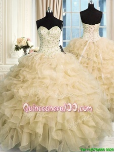 Sophisticated Floor Length Lace Up Sweet 16 Quinceanera Dress Champagne and In forMilitary Ball and Sweet 16 and Quinceanera withBeading and Ruffles