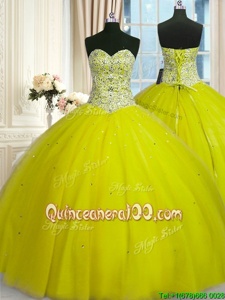 Amazing Yellow Green Sweetheart Lace Up Beading and Sequins 15 Quinceanera Dress Sleeveless