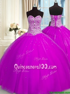 Designer Floor Length Fuchsia Ball Gown Prom Dress Organza Sleeveless Spring and Summer and Fall and Winter Beading and Sequins