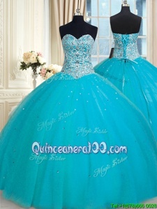 Fantastic Tulle Sweetheart Sleeveless Lace Up Beading and Sequins Quinceanera Gown inAqua Blue