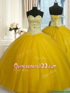 Shining Yellow Sleeveless Beading and Sequins Floor Length Sweet 16 Quinceanera Dress