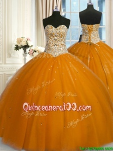 Pretty Sequins Ball Gowns Sweet 16 Dresses Gold Sweetheart Tulle Sleeveless Floor Length Lace Up