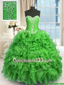 Customized Sweetheart Sleeveless Ball Gown Prom Dress Floor Length Beading and Ruffles Green Organza